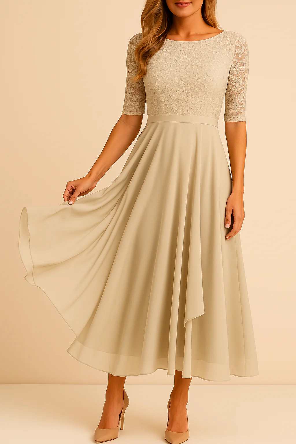 Midi Jurk met Kant en Zwierige Rok – Elegante Gelegenheidsjurk