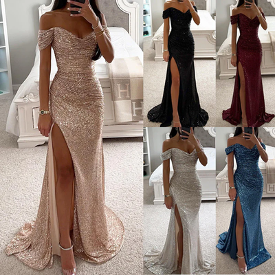 Off Shoulder Maxi Jurk – Pailletten & Hoge Split