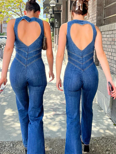 Denim Jumpsuit Women – Sleeveless with Open Back and Flared Legs