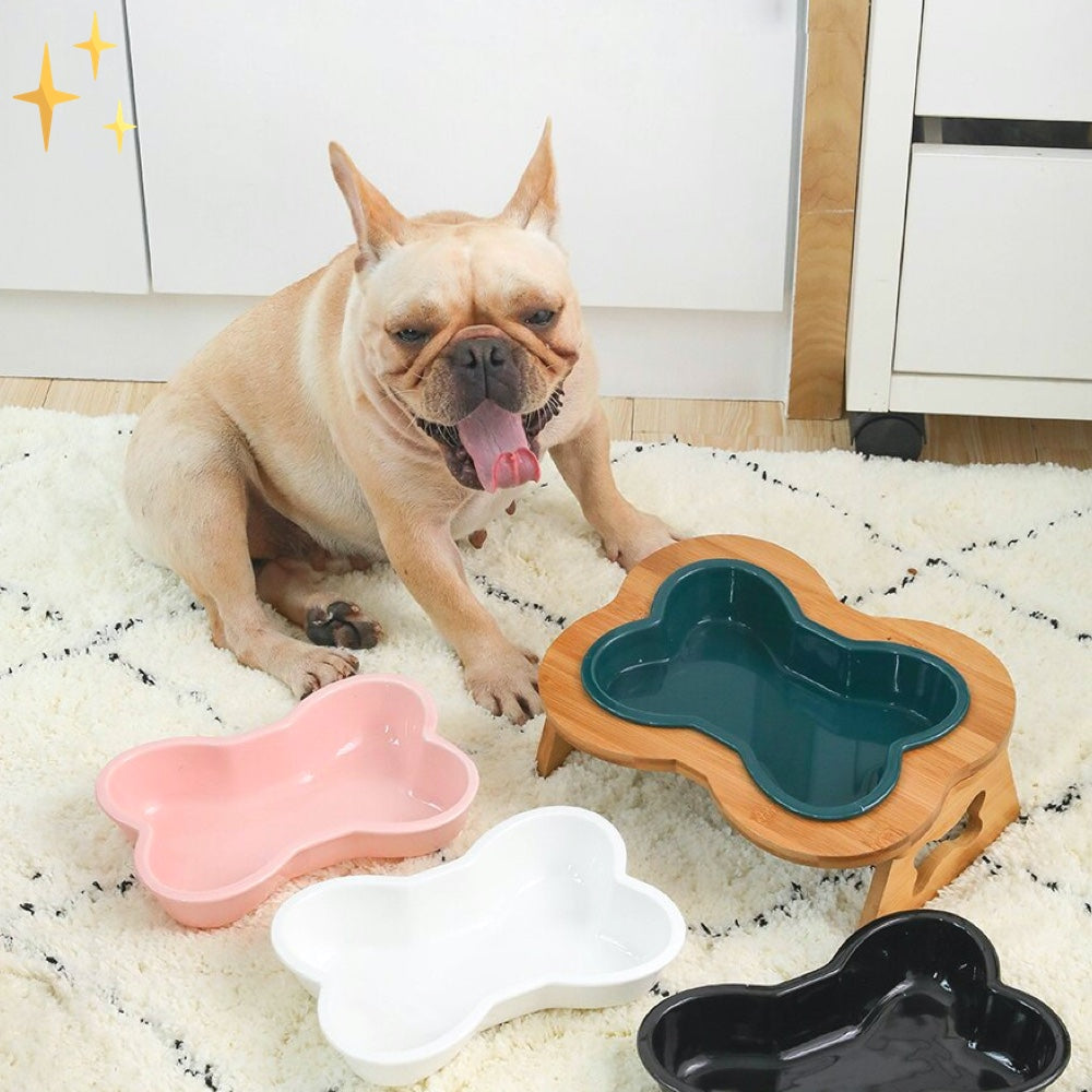 Ceramic Dog Food Bowl with Wooden Stand - BoneFeast