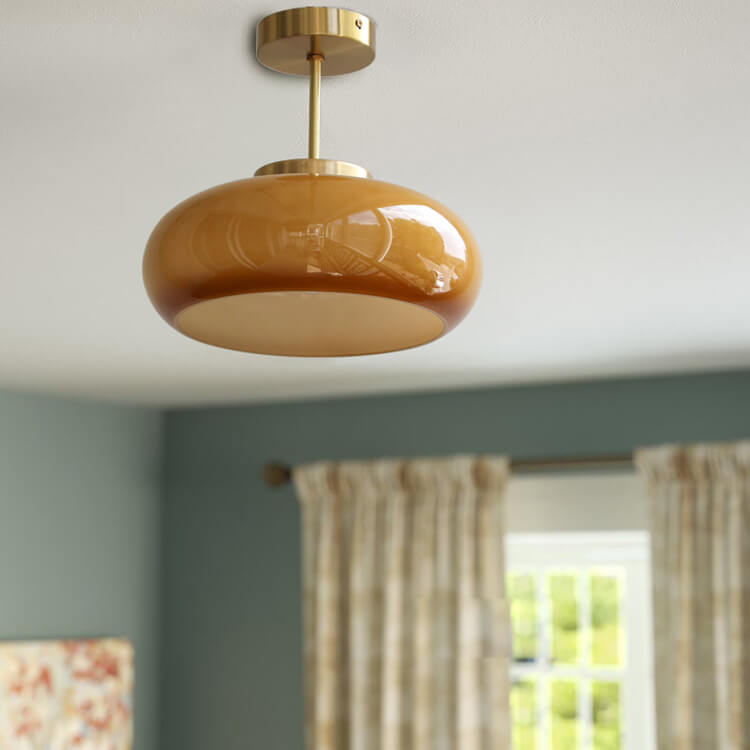 Valthera - Vintage Brass Yellow Glass Semi Flush Ceiling Light