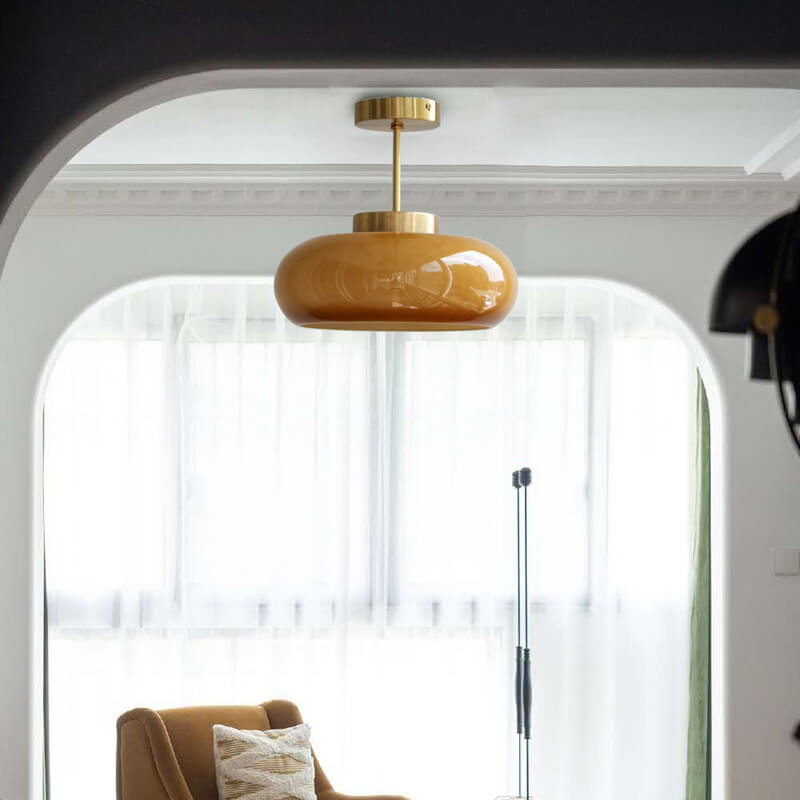 Valthera - Vintage Brass Yellow Glass Semi Flush Ceiling Light