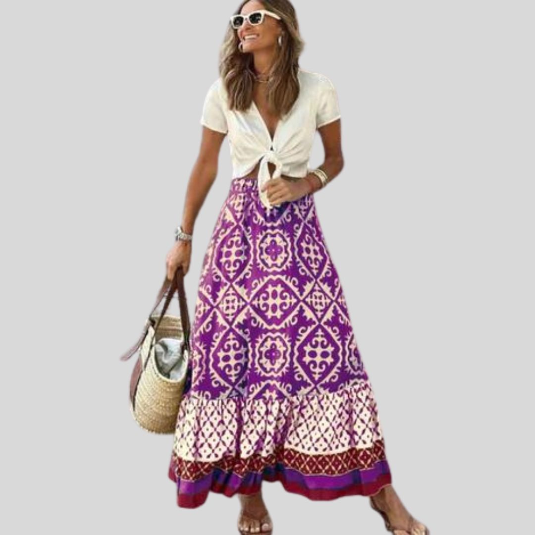 Juliana - Maxi skirt with ethnic pattern and ruffled hem