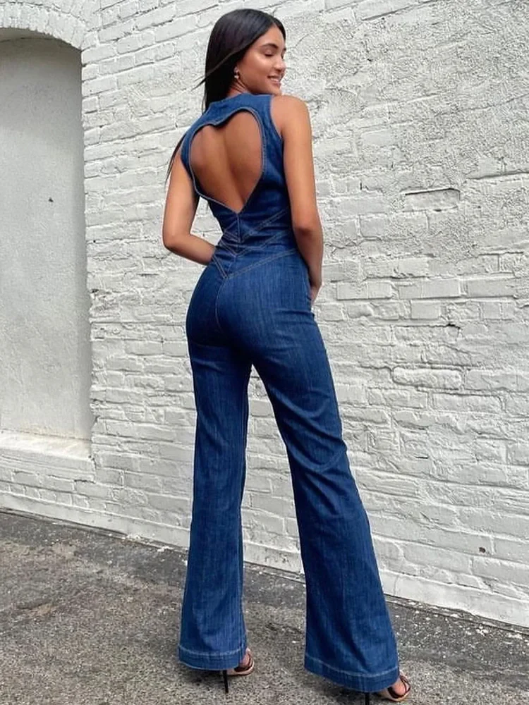 Denim Jumpsuit Women – Sleeveless with Open Back and Flared Legs