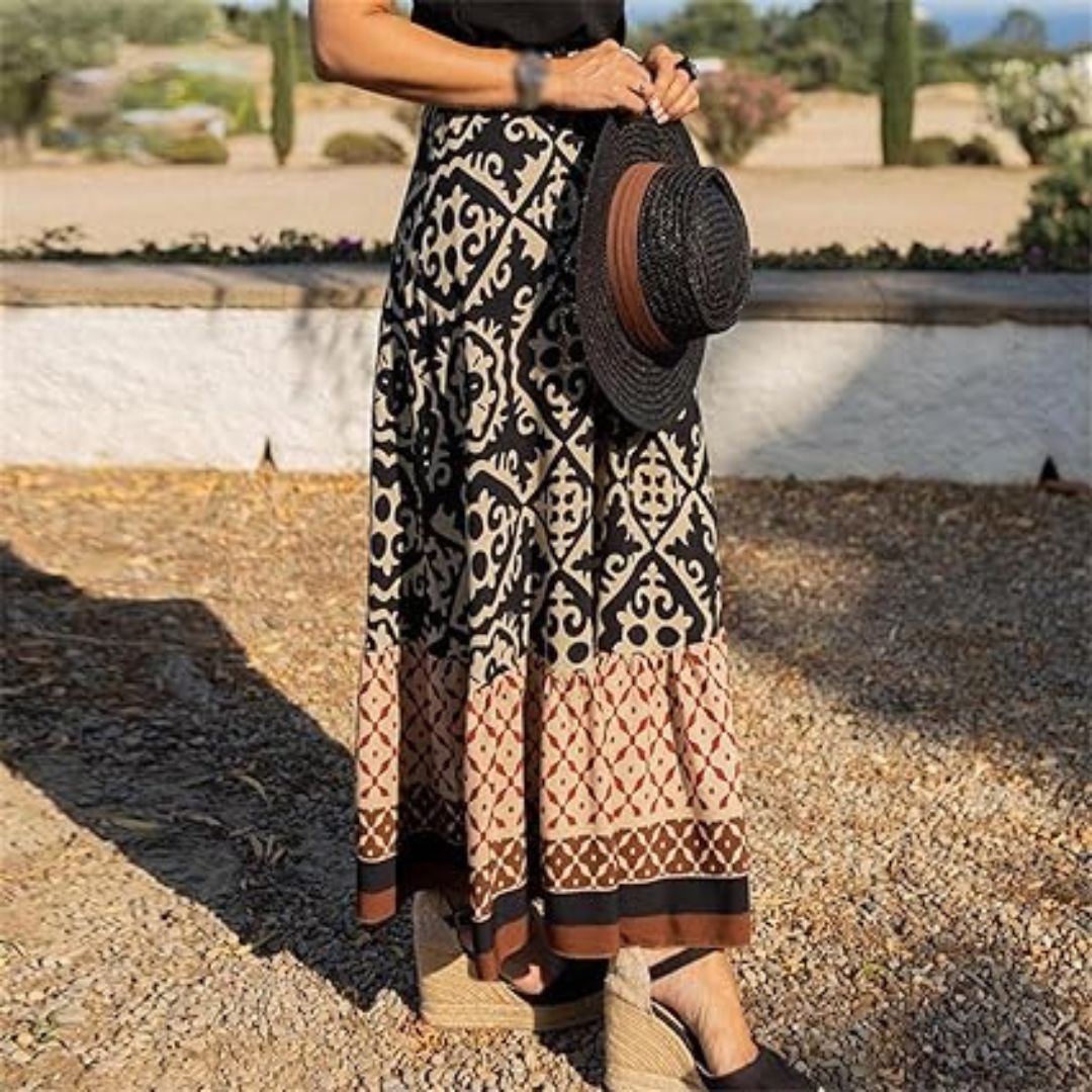 Juliana - Maxi skirt with ethnic pattern and ruffled hem