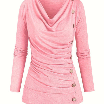 Jasmine | Plain knitted turtleneck sweater with ruffles and buttons