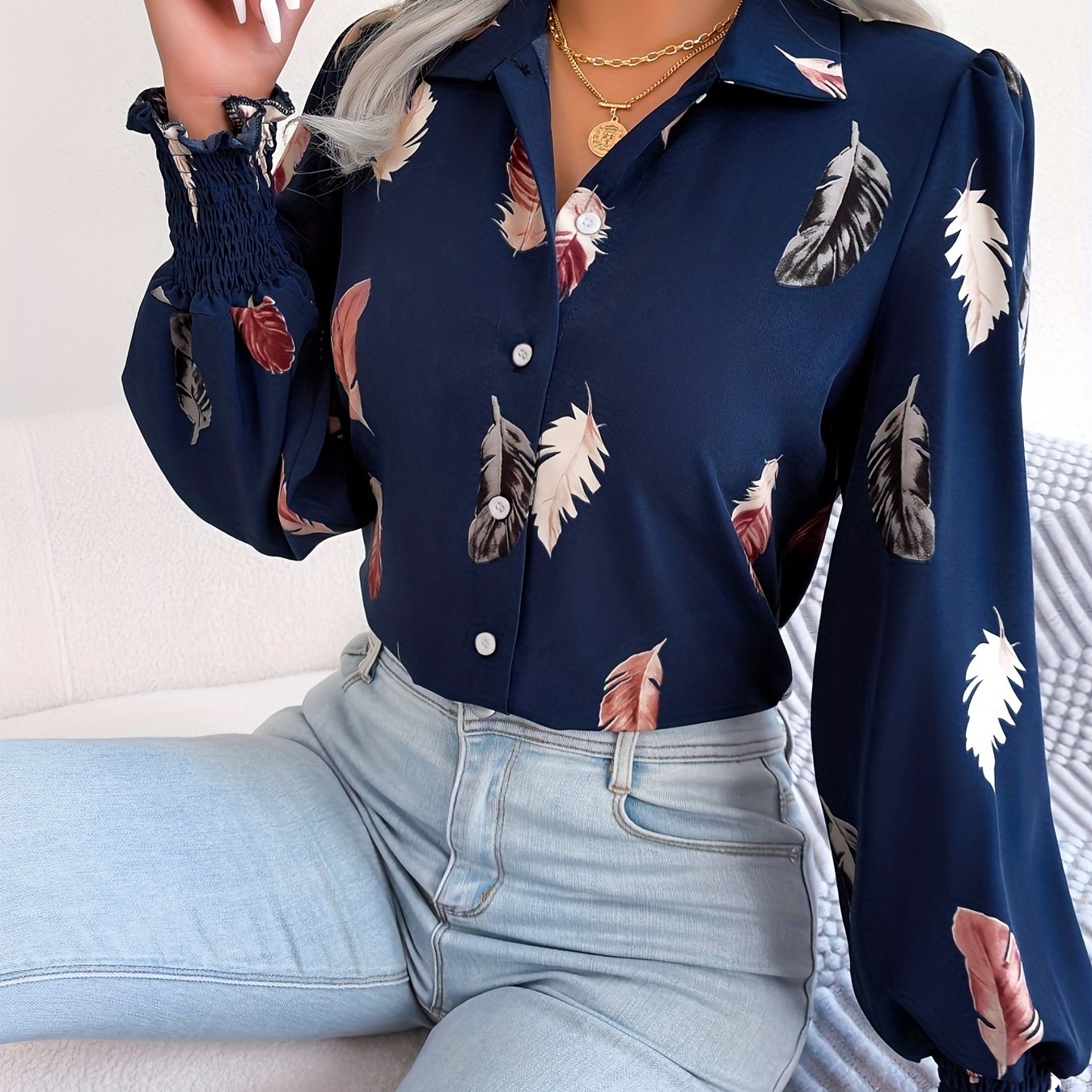 Lotte | Casual shirt with feather print and lantern sleeves