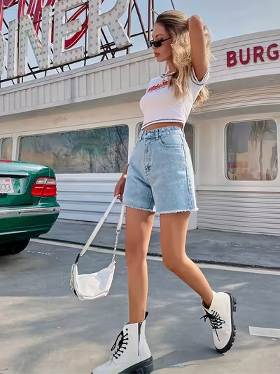 Lotte | Washed denim shorts with a frayed hem and a loose fit