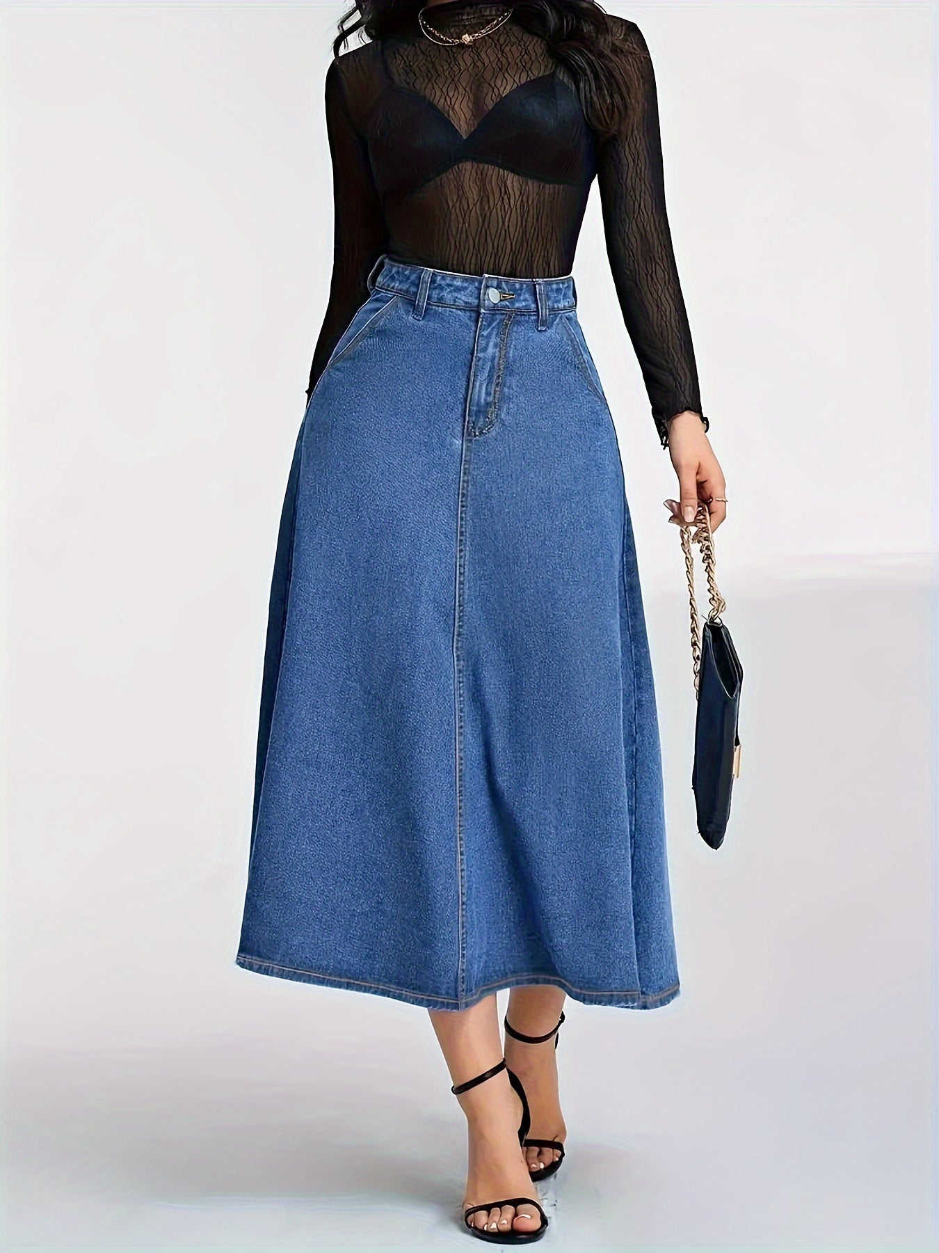 Femke | Hoge elastische denim midi rok met zakken
