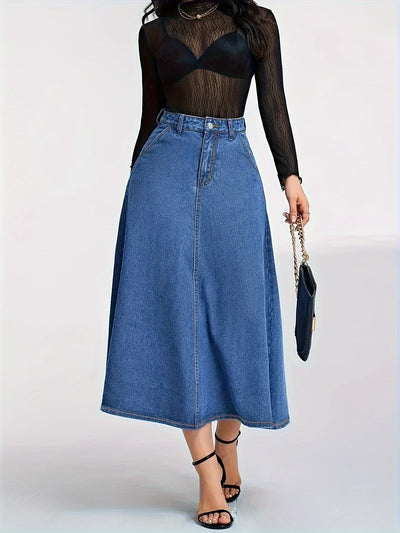 Femke | Hoge elastische denim midi rok met zakken