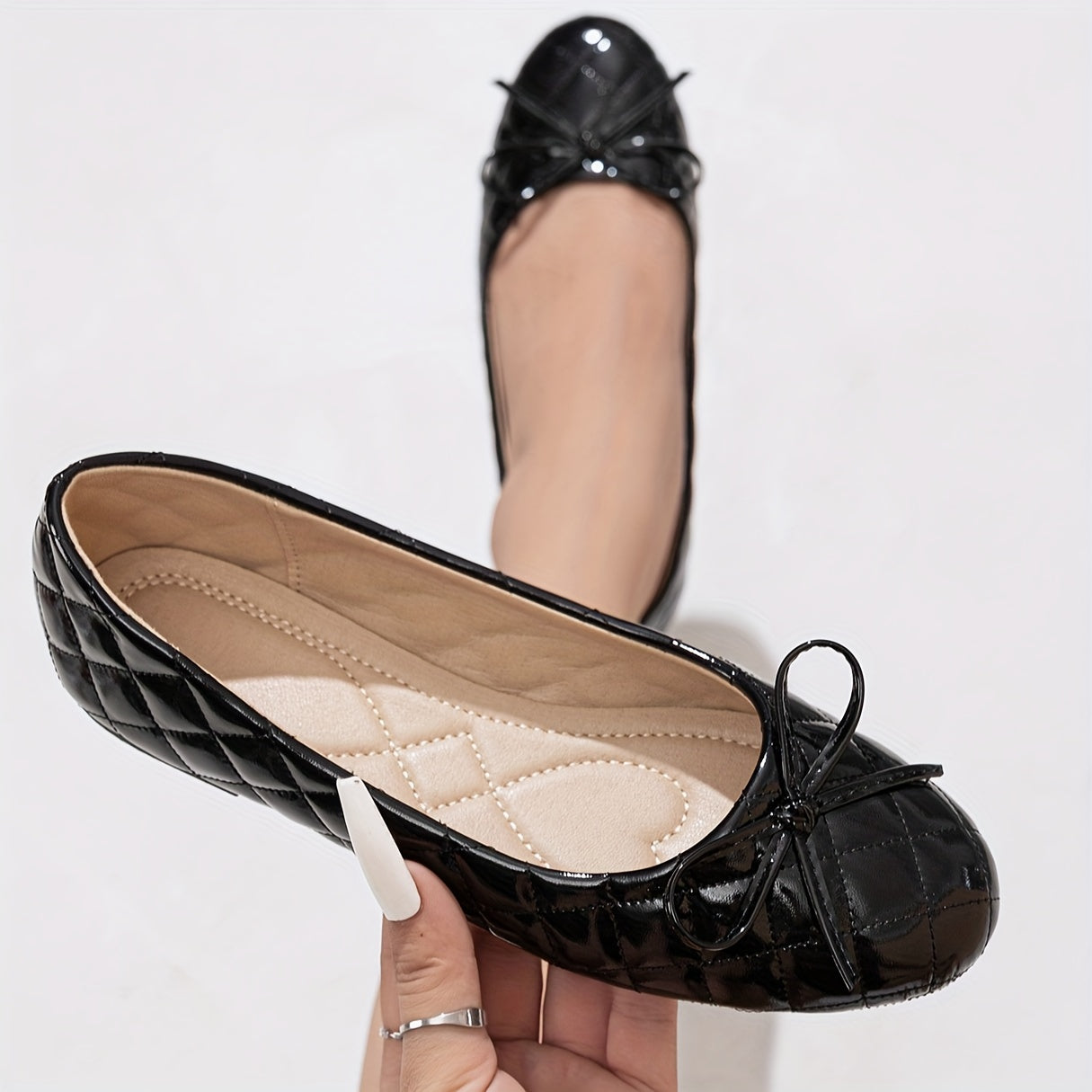 Luna | Black shiny diamond ballerinas