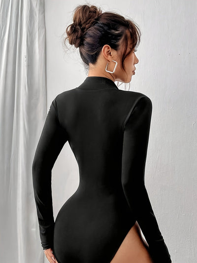 Naomi | Effen kleur skinny bodysuit met ritssluiting en lange mouwen