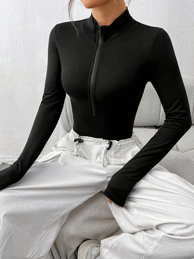 Naomi | Effen kleur skinny bodysuit met ritssluiting en lange mouwen