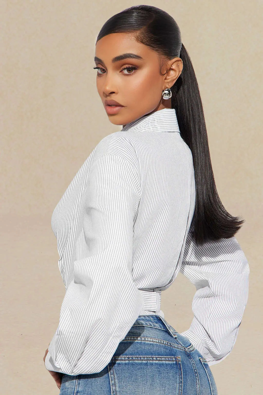 Enid - Stylish Metallic Feminine Long Sleeve Shirt with Belt