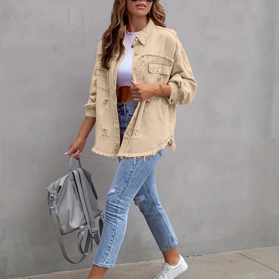 Mara | Plus size denim jas met gescheurde ruwe zoom