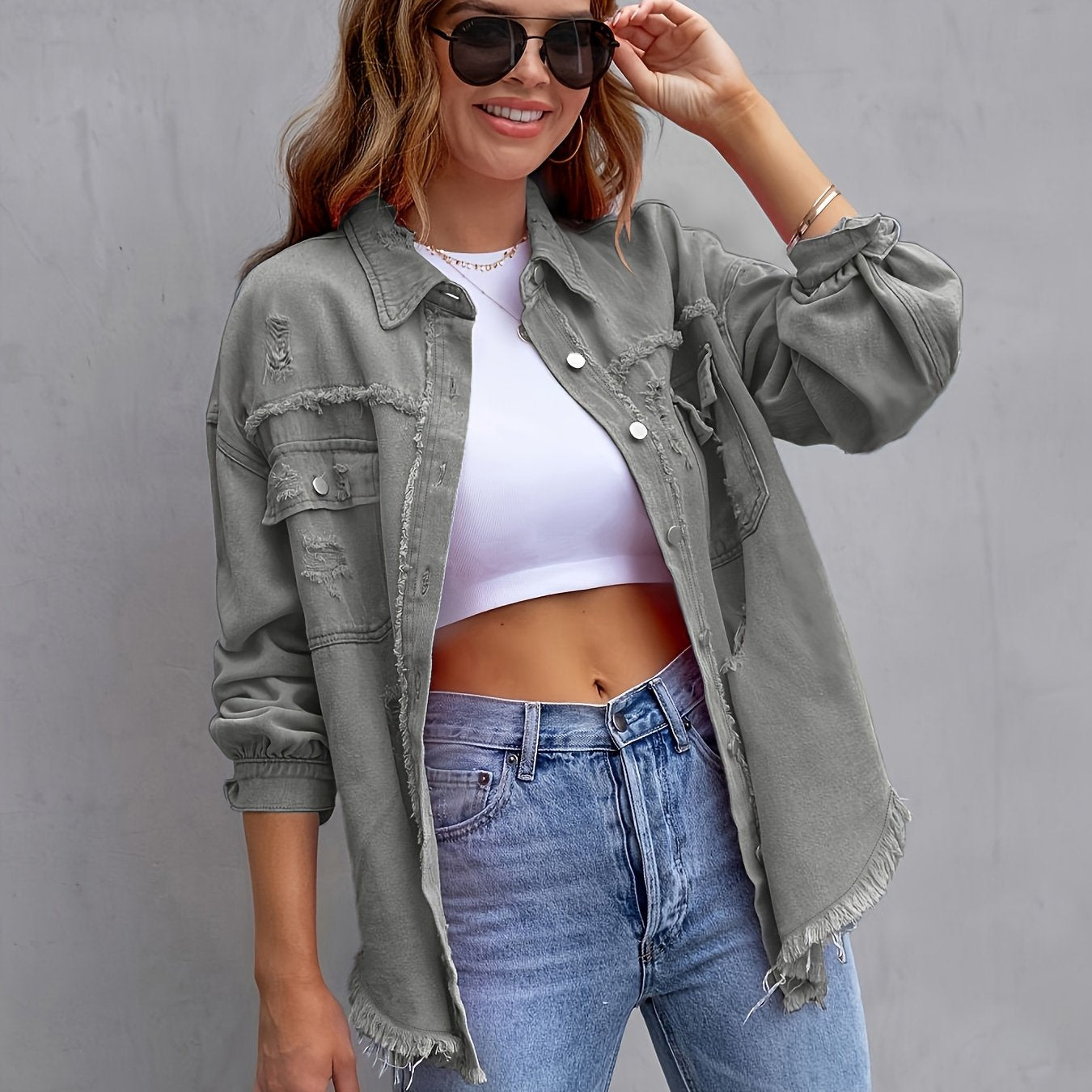 Mara | Plus size denim jas met gescheurde ruwe zoom