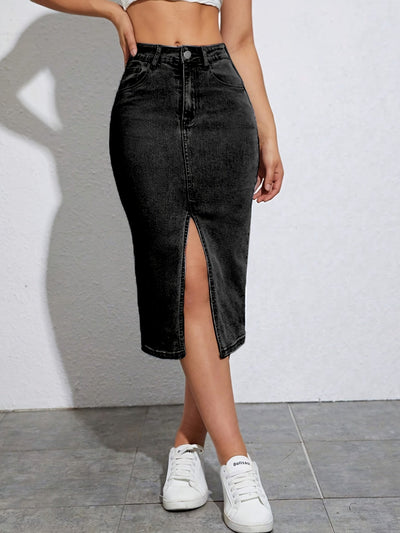 Mia | Gespleten denim rok met hoge taille en schuine zakken