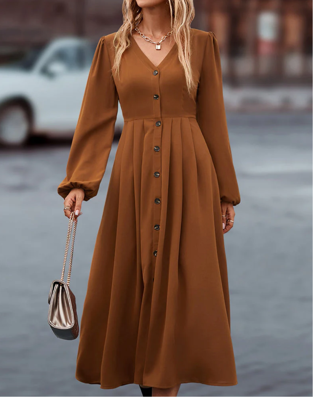 Martha - Elegant lang jurkje met lange mouwen en knoopsluiting