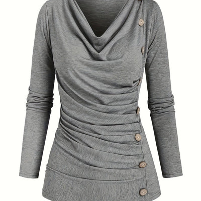 Jasmine | Plain knitted turtleneck sweater with ruffles and buttons