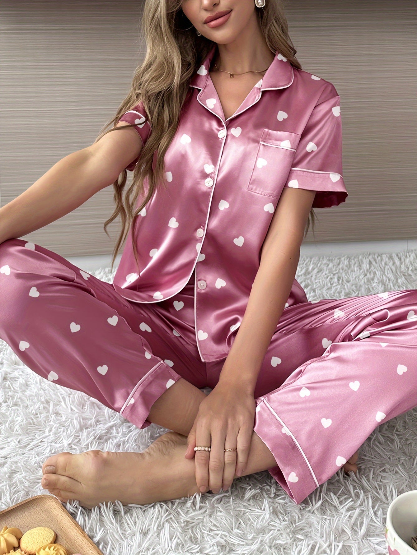 Lotte | Satin pajama set with short sleeves and elastic pants