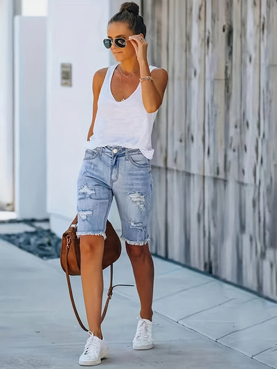 Sara | Gescheurde spijkerbroek shorts met hoge taille en elastische zoom