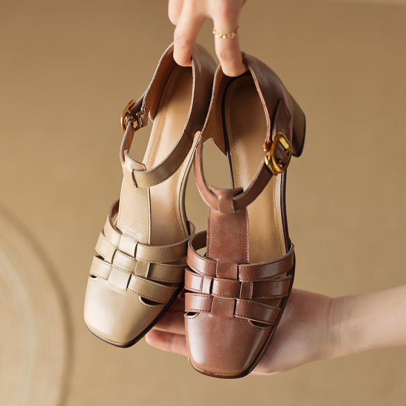 Karolanne - Square Toe T-Strap Block Heel Shoes