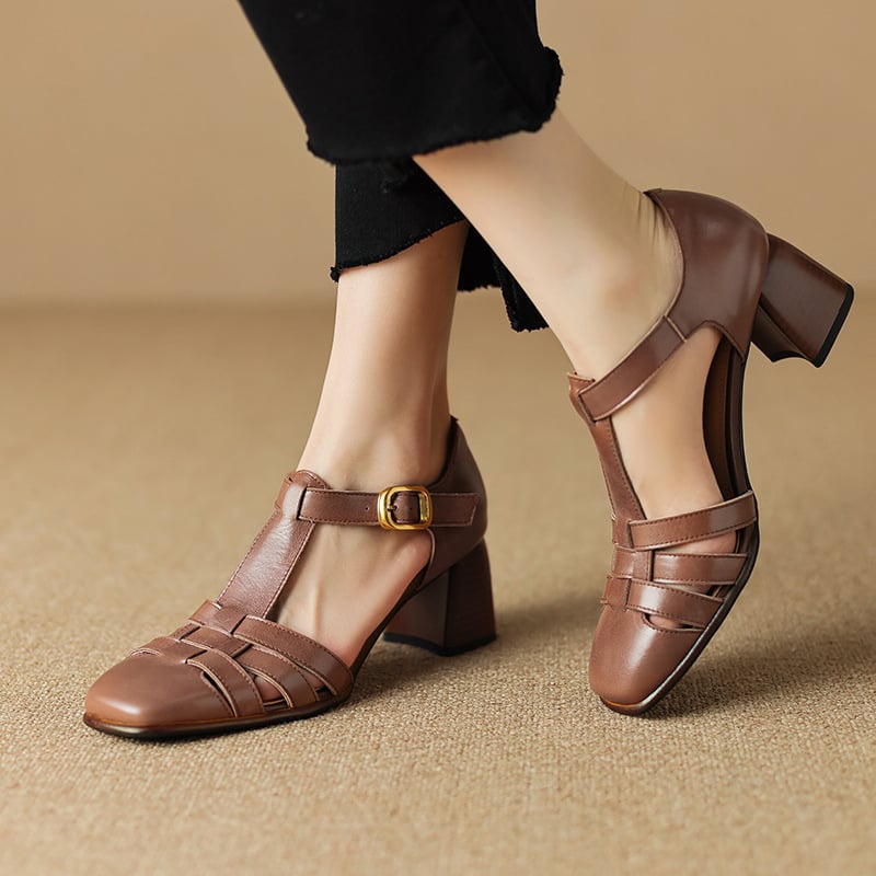 Karolanne - Square Toe T-Strap Block Heel Shoes