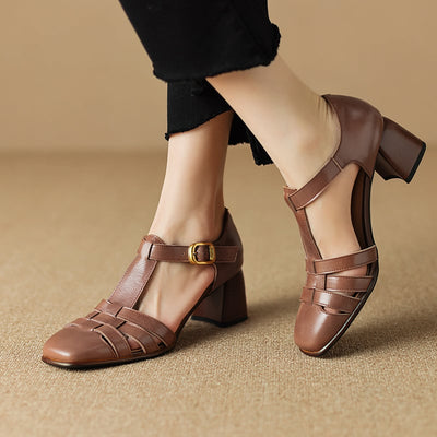 Karolanne - Square Toe T-Strap Block Heel Shoes