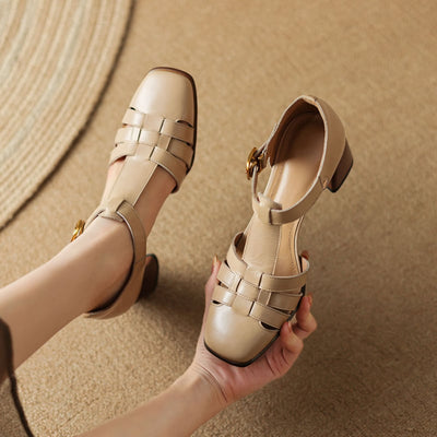 Karolanne - Square Toe T-Strap Block Heel Shoes