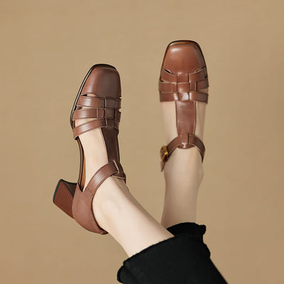 Karolanne - Square Toe T-Strap Block Heel Shoes