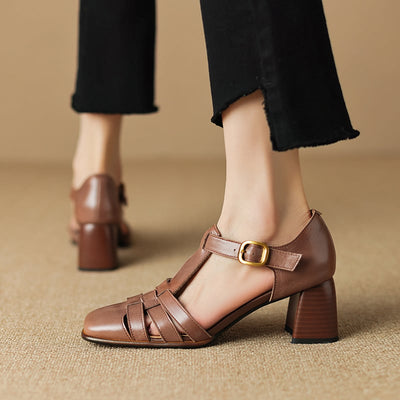 Karolanne - Square Toe T-Strap Block Heel Shoes