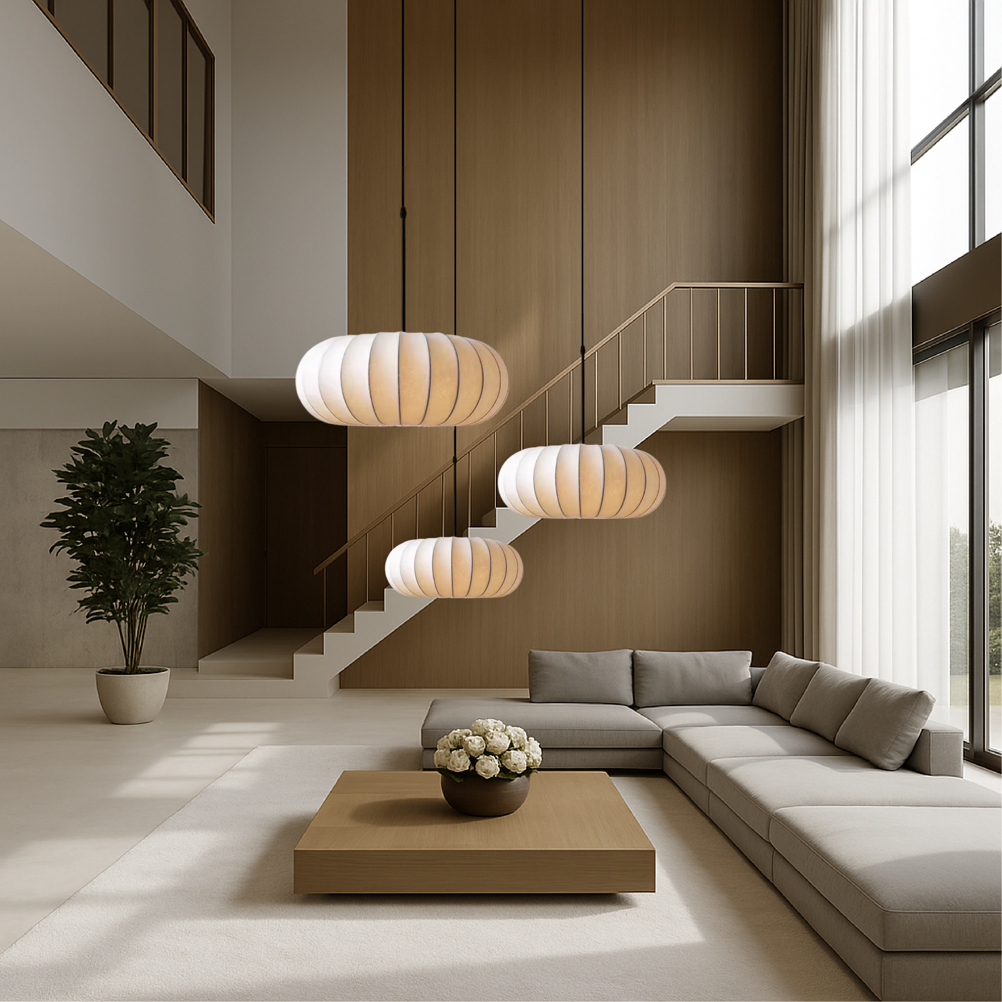 Dinam - Scandi Oval Pendant Light Fabric Shade Dining Lamp
