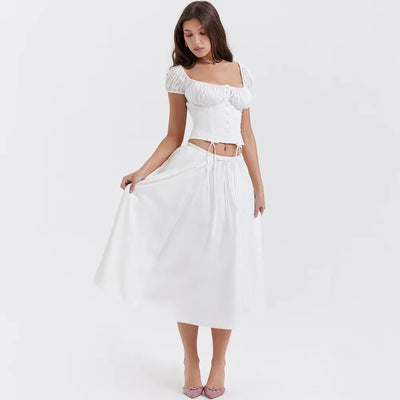 Tania - Vierkante Hals Gewaad Top & Rok Set met Pofmouwen