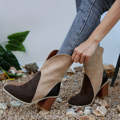Chique dames enkellaarzen | Borduursel, vierkante neus, dikke hak, instap cowboystijl in fluweel & denim