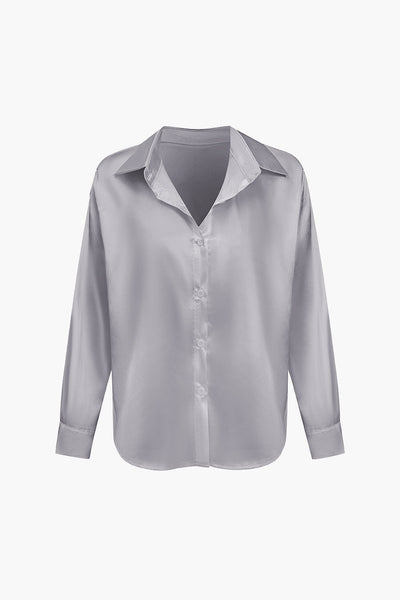 Lillian - Basic Plain Satin Women's Long Sleeve Shirt