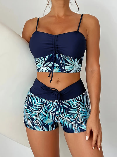 Noa | Twee-delige bikini set met bladprint en boyshorts