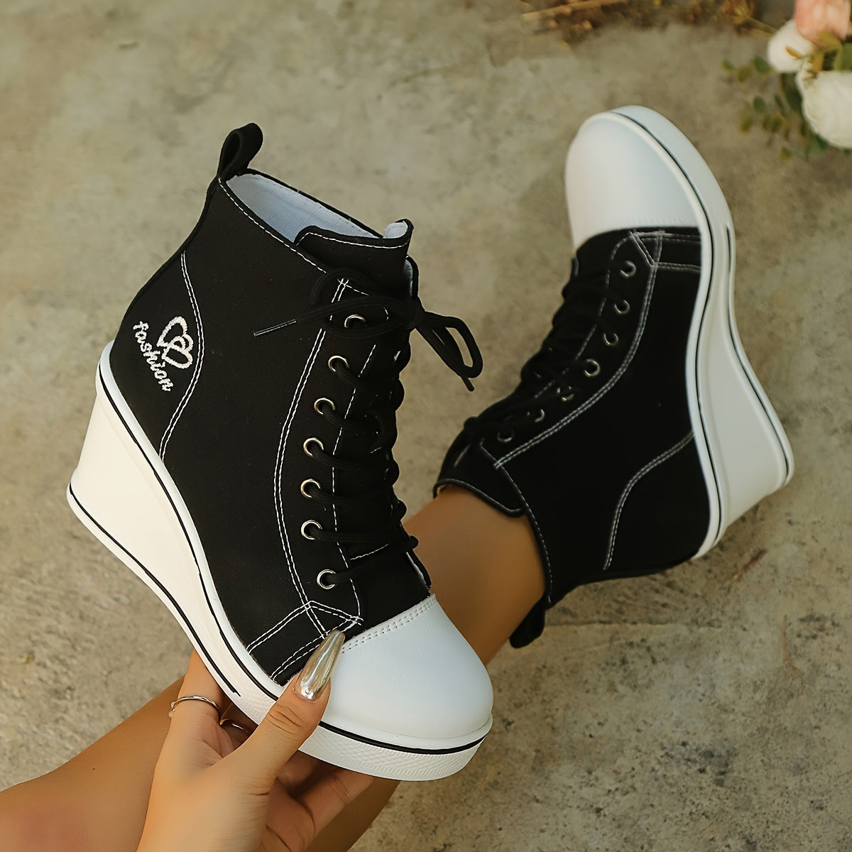 Lotte | Plain canvas ankle boots with a love pattern