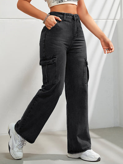 Noa | Casual denim cargobroek met wijde pijpen en hoge taille