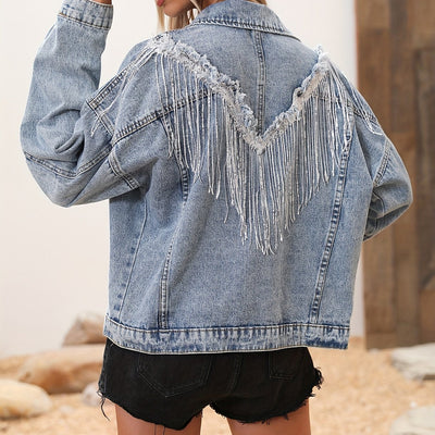 Lara | Light blue denim jacket with sequins and button closure