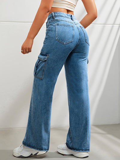 Noa | Casual denim cargobroek met wijde pijpen en hoge taille