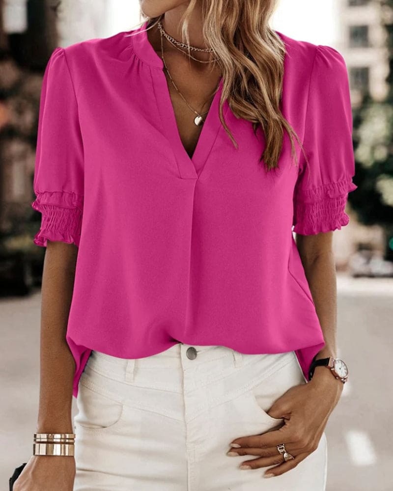 Dames Blouse – Korte Mouwen met V-Hals en Elastische Boorden