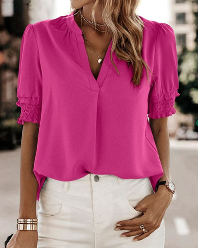 Dames Blouse – Korte Mouwen met V-Hals en Elastische Boorden