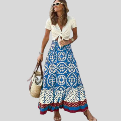 Juliana - Maxi skirt with ethnic pattern and ruffled hem