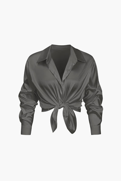 Lillian - Basic Plain Satin Women's Long Sleeve Shirt