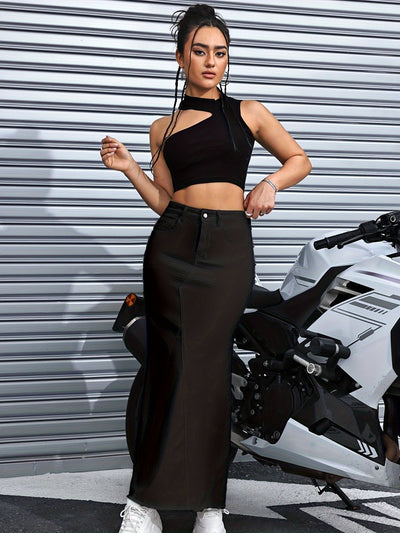 Emma | Black denim maxi skirt with raw hem