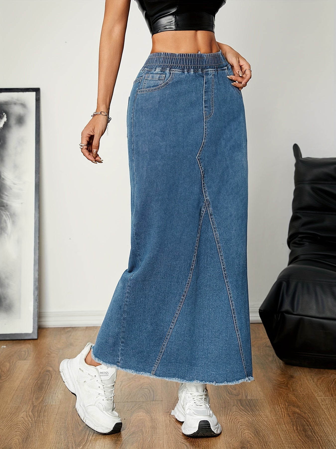 Emma | Plain washed blue streetwear maxi denim skirt