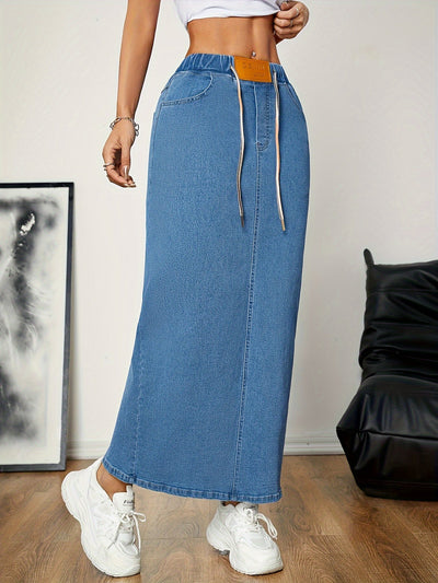 Anna | Gewassen blauwe casual maxi denim rok met elastische taille en split achterzoom