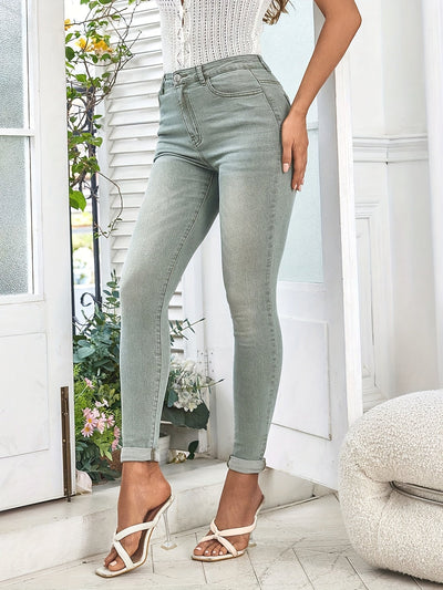 Sophie | Olijfgroene dames slim fit jeans met hoge taille