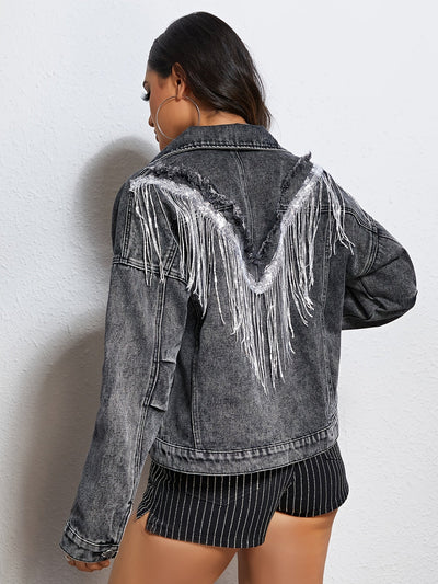 Lara | Light blue denim jacket with sequins and button closure