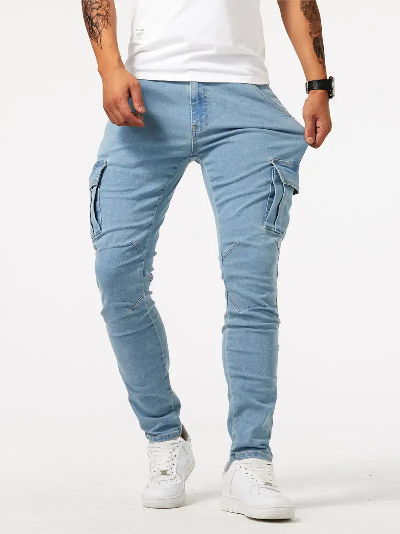 Slim fit multi-pocket jeans voor heren - cargo broek van hoog stretch denim